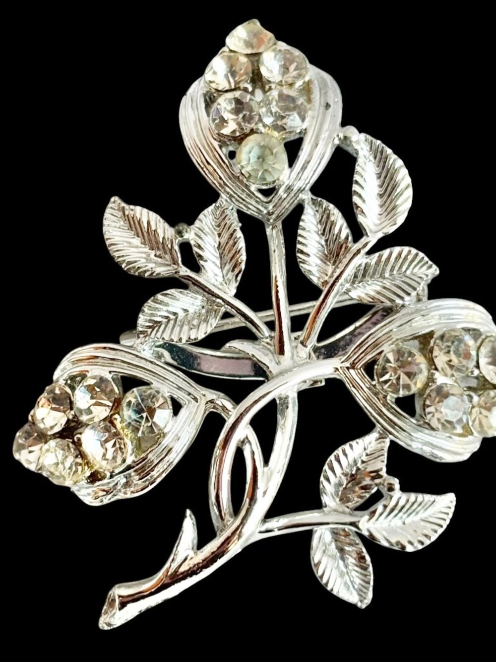 Vintage Silver Tone Floral Brooch with Rhinestones